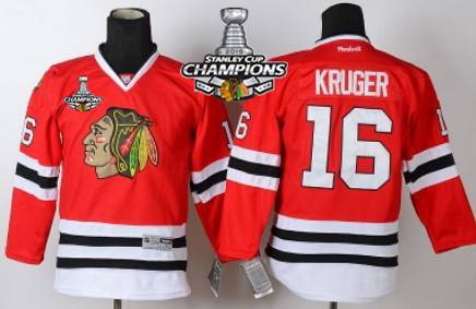 Chicago Blackhawks #16 Marcus Kruger Red Kids JerseyW /2015 Stanley Cup Champion Patch
