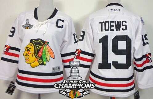 Chicago Blackhawks #19 Jonathan Toews 2015 Winter Classic White Womens Jersey W/2015 Stanley Cup Champion Patch