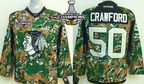 Chicago Blackhawks #50 Corey Crawford 2014 Camo Kids Jersey W/2015 Stanley Cup Champion Patch