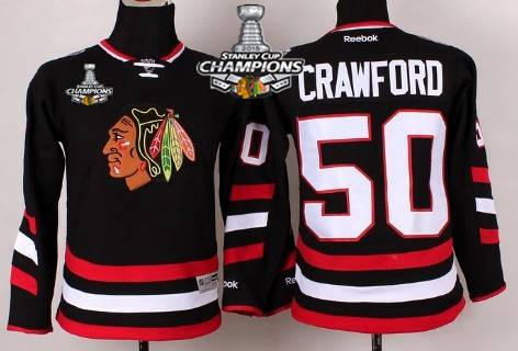 Chicago Blackhawks #50 Corey Crawford 2014 Stadium Series Black Kids Jersey W/2015 Stanley Cup Champion Patch