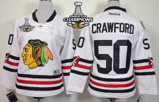 Chicago Blackhawks #50 Corey Crawford 2015 Winter Classic White Kids Jersey W/2015 Stanley Cup Champion Patch