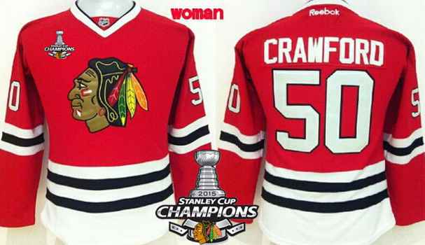Chicago Blackhawks #50 Corey Crawford Red Womens Jersey W/2015 Stanley Cup Champion Patch