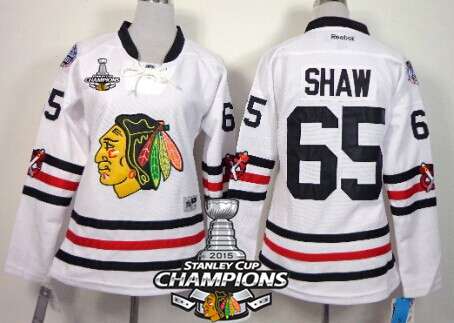 Chicago Blackhawks #65 Andrew Shaw 2015 Winter Classic White Womens Jersey W/2015 Stanley Cup Champion Patch