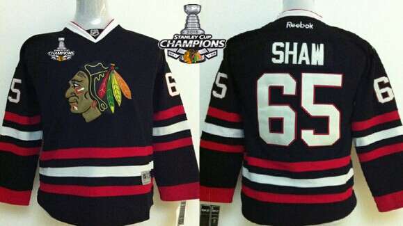 Chicago Blackhawks #65 Andrew Shaw Black Kids Jersey W/2015 Stanley Cup Champion Patch