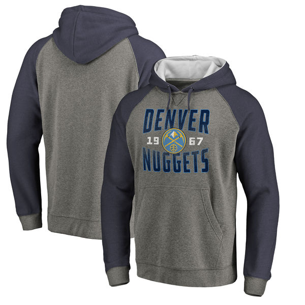 Denver Nuggets Fanatics Branded Ash Antique Stack Tri Blend Raglan Pullover Hoodie