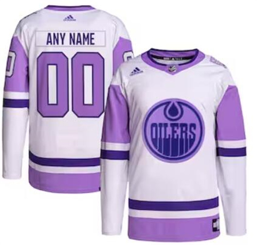 Edmonton Oilers adidas Hockey Fights Cancer Primegreen Men/Women/Youth Unisex Authentic Custom White-Purple Jersey