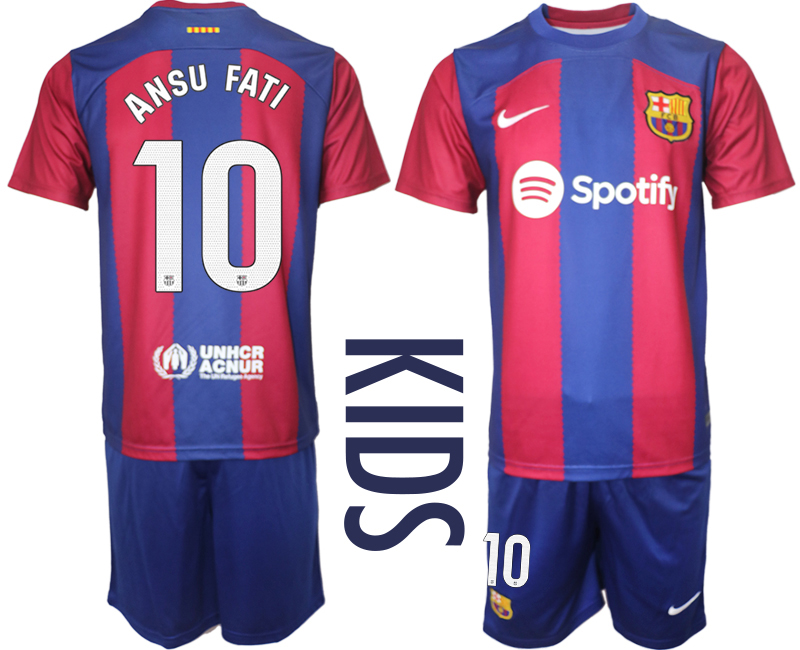 Kids Barcelona home 10# ANSU FATI 2023-24 suite soccer jerseys