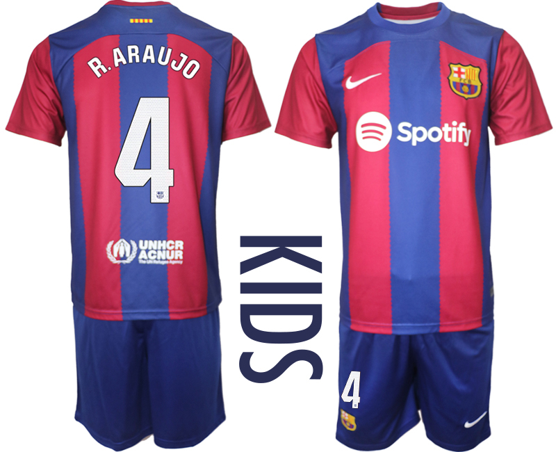 Kids Barcelona home 4# R.ARAUJO 2023-24 suite soccer jerseys
