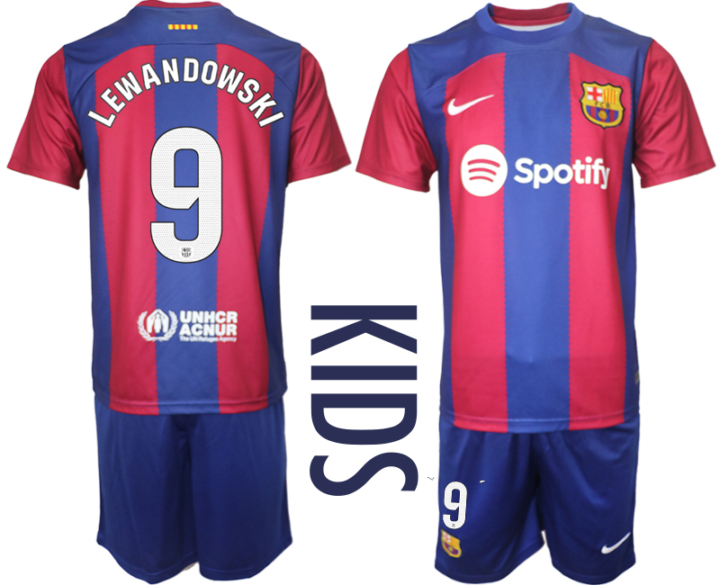 Kids Barcelona home 9# LEWANDOWSKI 2023-24 suite soccer jerseys