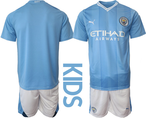 Kids Manchester City Custom or blank Home  2023-24 suit soccer jerseys