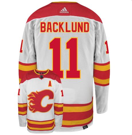MEN'S MIKAEL BACKLUND CALGARY FLAMES #11 WHITE AWAY ADIDAS PRIMEGREEN AUTHENTIC NHL HOCKEY JERSEY