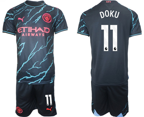Manchester City 2nd away black 11# DOKU 2023-24 suit soccer jerseys
