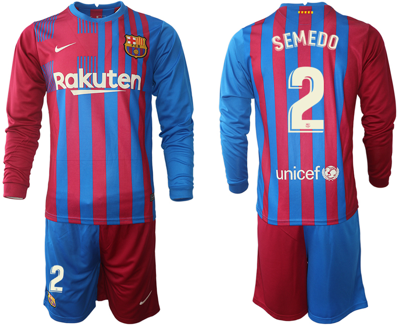 Men 2021-2022 Club Barcelona home red blue Long Sleeve 2 SEMEDO Nike Soccer Jersey