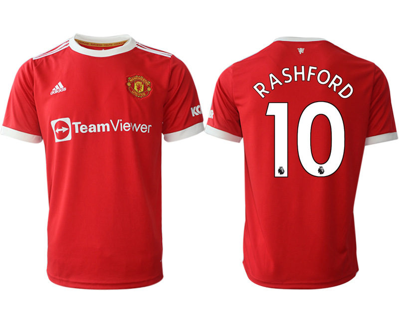 Men 2021-2022 Club Manchester United home red aaa version 10 Marcus Rashford Adidas Soccer Jerseys