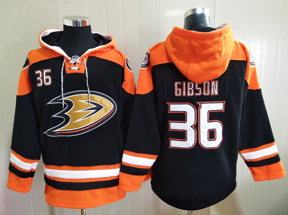 Men's Anaheim Ducks #36 John Gibson Black All Stitched Hooded Sweatshirt Ageless Must-Have Lace-Up Pullover Hoodie