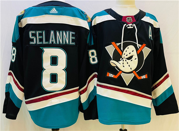 Men's Anaheim Ducks #8 Teemu Selanne Black Teal Stitched Jersey