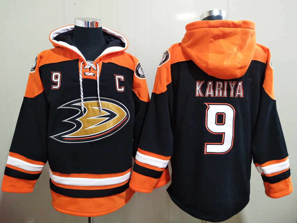 Men's Anaheim Ducks #9 Paul Kariya Black All Stitched Hooded Sweatshirt Ageless Must-Have Lace-Up Pullover Hoodie