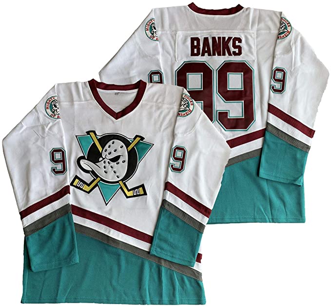 Men's Anaheim Ducks #99 Adam Banks Mighty Ducks 1995-96 Mighty Movie White Green Jersey