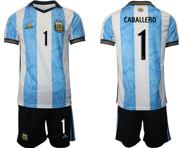 Men's Argentina #1 Caballero White Blue Home Soccer 2022 FIFA World Cup Jerseys