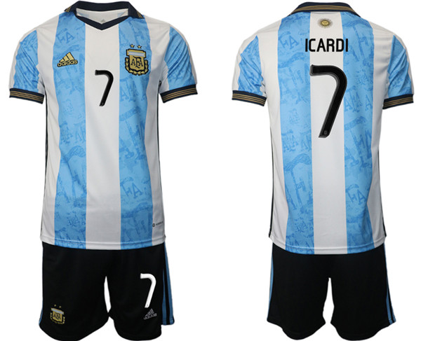 Men's Argentina #7 Icardi White Blue Home Soccer 2022 FIFA World Cup Jerseys