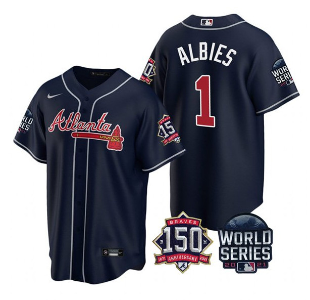 Men's Atlanta Braves #1 Ozzie Albies 2021 Navy World Series With 150th Anniversary Patch Cool Base Stitched Jersey