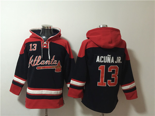 Men's Atlanta Braves #13 Ronald Acu?a Jr. Navy Red Ageless Must-Have Lace-Up Pullover Hoodie