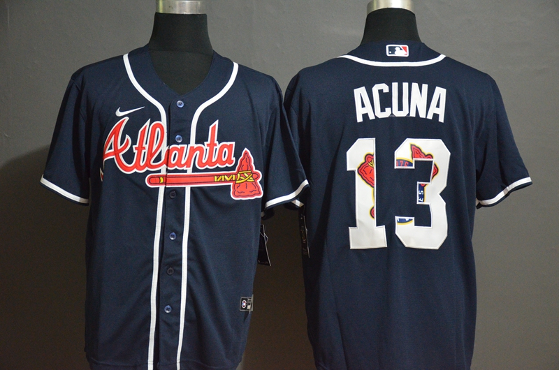 Men's Atlanta Braves #13 Ronald Acuna Jr. Navy Blue Team Logo Stitched MLB Cool Base Nike Jersey