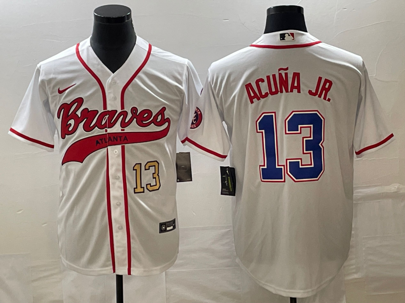 Men's Atlanta Braves #13 Ronald Acuna Jr Number White Cool Base With Patch Stitched Baseball Jersey