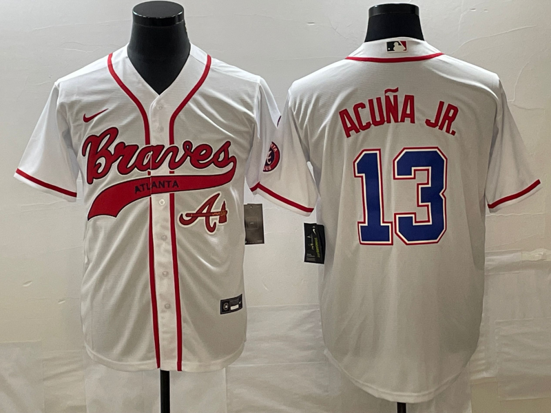 Men's Atlanta Braves #13 Ronald Acuna Jr White Cool Base With Patch Stitched Baseball Jersey