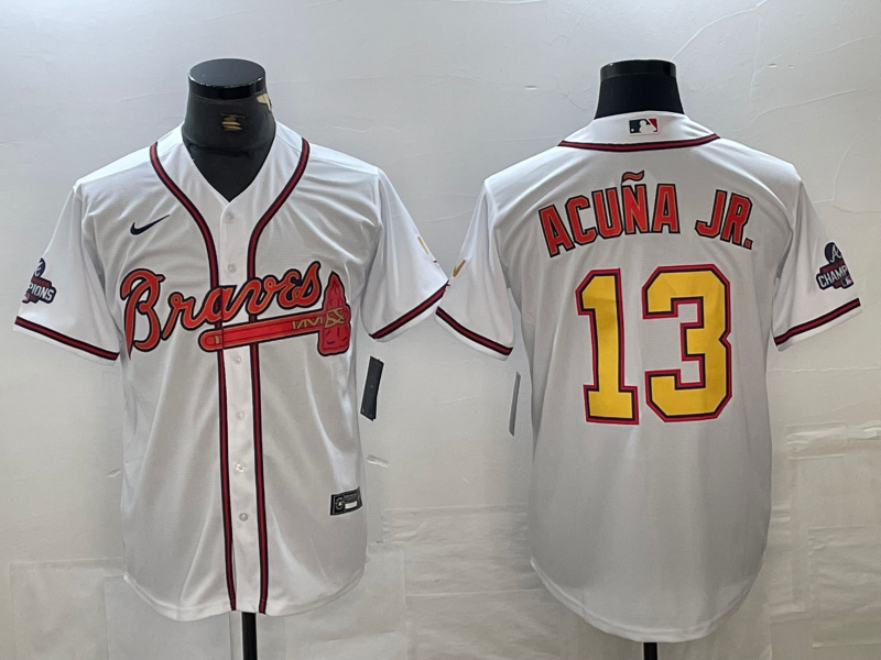 Men's Atlanta Braves #13 Ronald Acuna Jr White Gold 2021 World Series Champions Stitched Cool Base Jersey