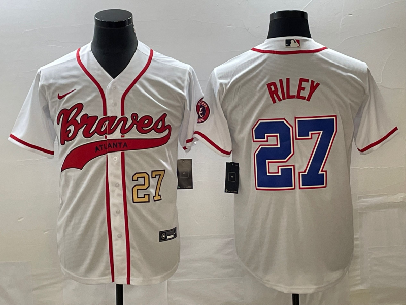 Men's Atlanta Braves #27 Austin Riley Number White Cool Base With Patch Stitched Baseball Jersey
