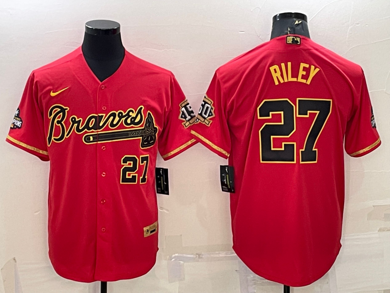 Men's Atlanta Braves #27 Austin Riley Red Gold World Series Champions Program Cool Base Stitched Baseball Jersey