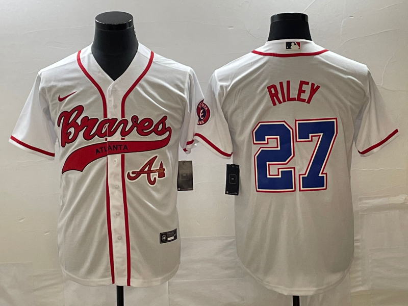Men's Atlanta Braves #27 Austin Riley White Cool Base With Patch Stitched Baseball Jersey1