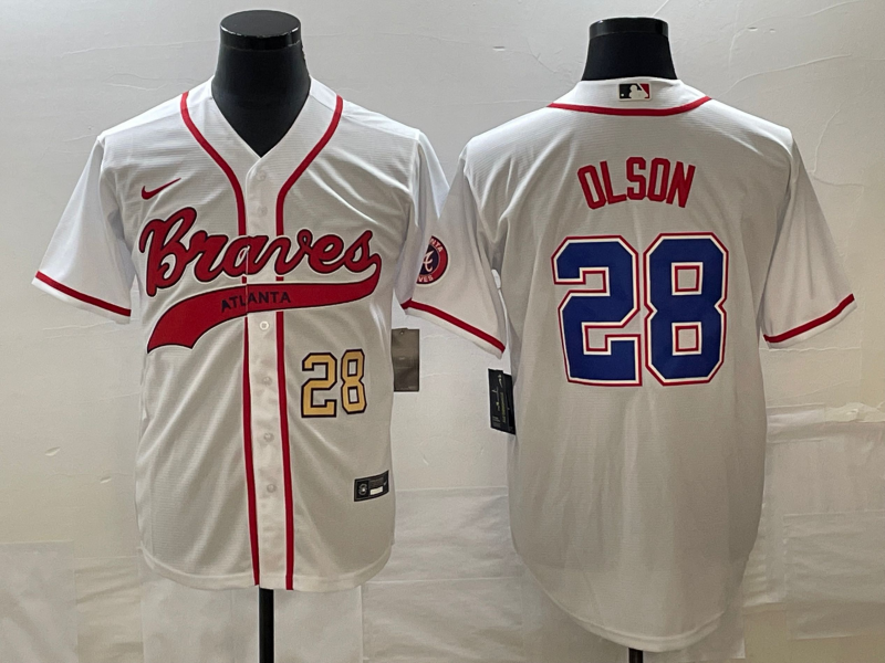 Men's Atlanta Braves #28 Matt Olson Number White Cool Base With Patch Stitched Baseball Jersey
