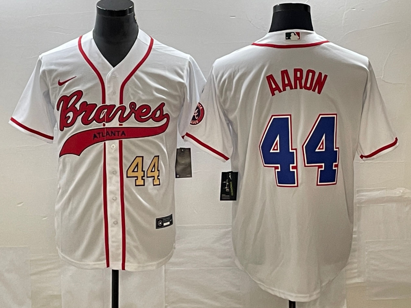 Men's Atlanta Braves #44 Hank Aaron Number White Cool Base With Patch Stitched Baseball Jersey
