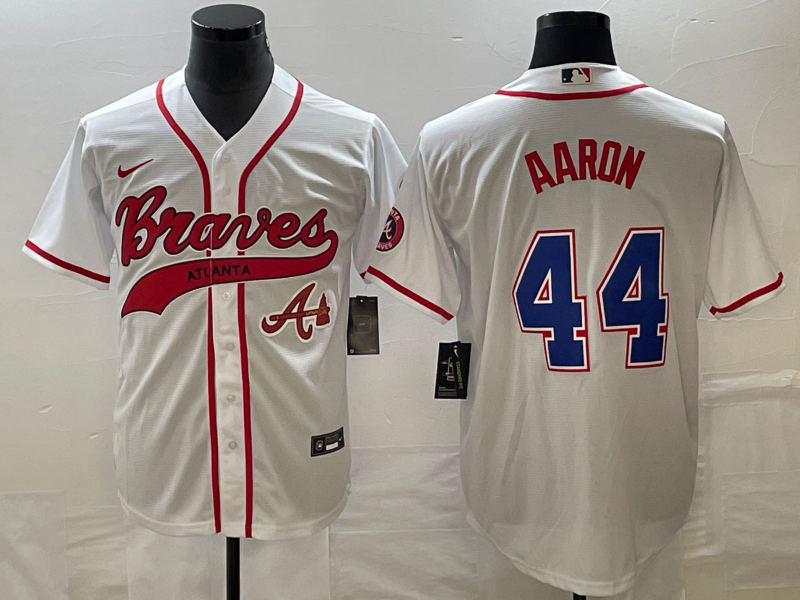 Men's Atlanta Braves #44 Hank Aaron White Cool Base With Patch Stitched Baseball Jersey1
