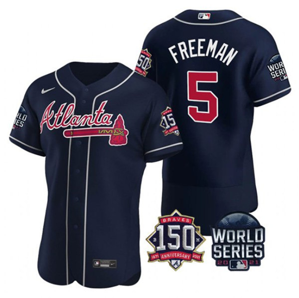 Men's Atlanta Braves #5 Freddie Freeman 2021 Navy World Series With 150th Anniversary Patch Stitched Baseball Jersey