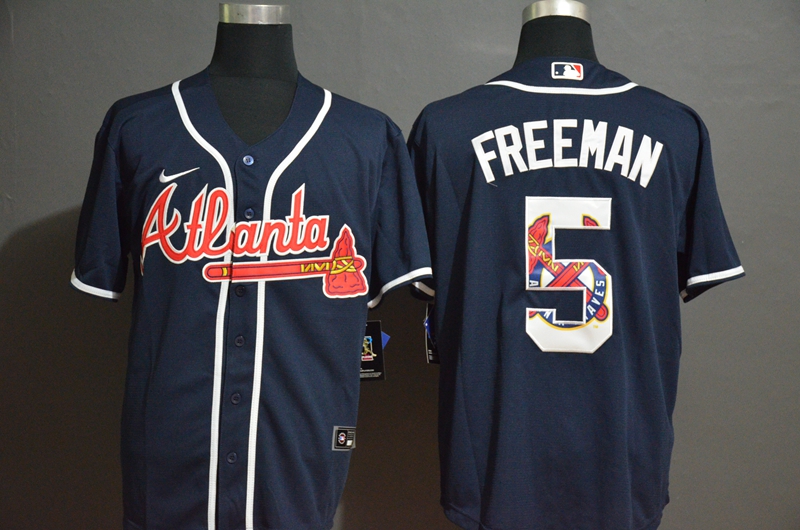 Men's Atlanta Braves #5 Freddie Freeman Navy Blue Team Logo Stitched MLB Cool Base Nike Jersey