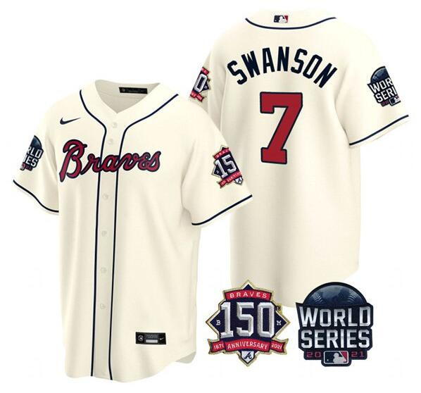 Men's Atlanta Braves #7 Dansby Swanson 2021 Cream World Series With 150th Anniversary Patch Cool Base Stitched Jersey