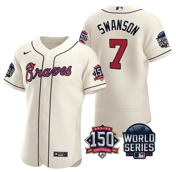Men's Atlanta Braves #7 Dansby Swanson 2021 Cream World Series With 150th Anniversary Patch Stitched Baseball Jersey