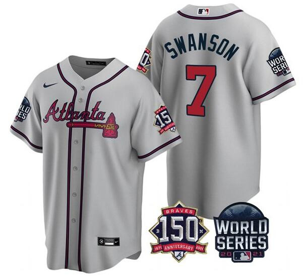 Men's Atlanta Braves #7 Dansby Swanson 2021 Gray World Series With 150th Anniversary Patch Cool Base Stitched Jersey