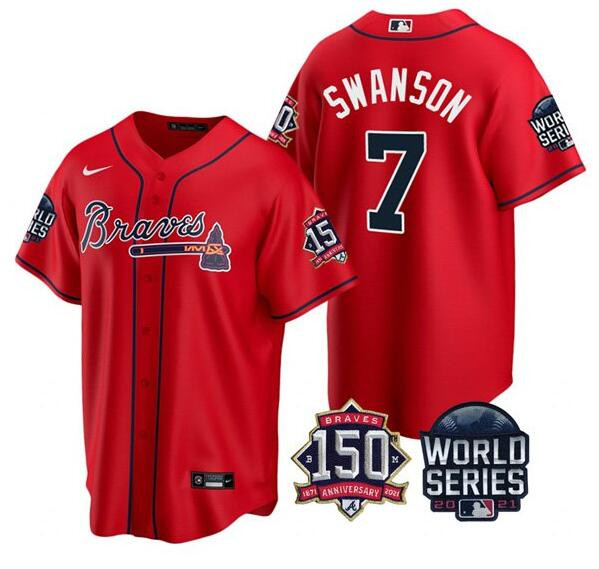 Men's Atlanta Braves #7 Dansby Swanson 2021 Red World Series With 150th Anniversary Patch Cool Base Stitched Jersey