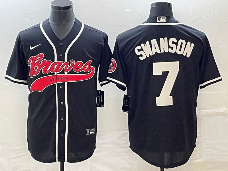 Men's Atlanta Braves #7 Dansby Swanson Black Cool Base Stitched Baseball Jersey1