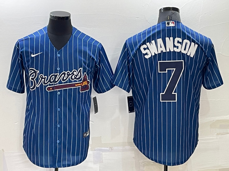 Men's Atlanta Braves #7 Dansby Swanson Navy Blue Pinstripe Stitched MLB Cool Base Nike Jersey