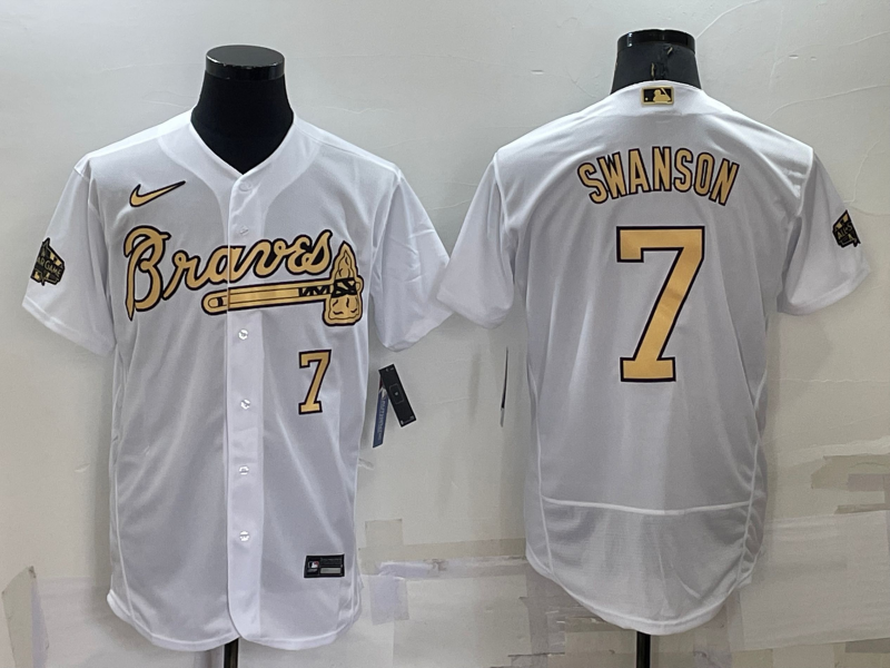 Men's Atlanta Braves #7 Dansby Swanson White Number 2022 All Star Stitched Flex Base Nike Jersey