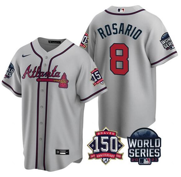 Men's Atlanta Braves #8 Eddie Rosario 2021 Gray World Series With 150th Anniversary Patch Cool Base Stitched Jersey