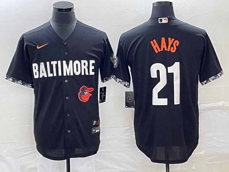 Men's Baltimore Orioles #21 Austin Hays Black 2023 City Connect Cool Base Stitched Jersey 1