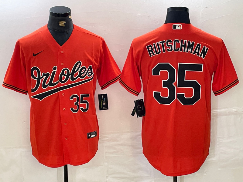 Men's Baltimore Orioles #35 Adley Rutschman Number Orange Stitched Cool Base Nike Jersey