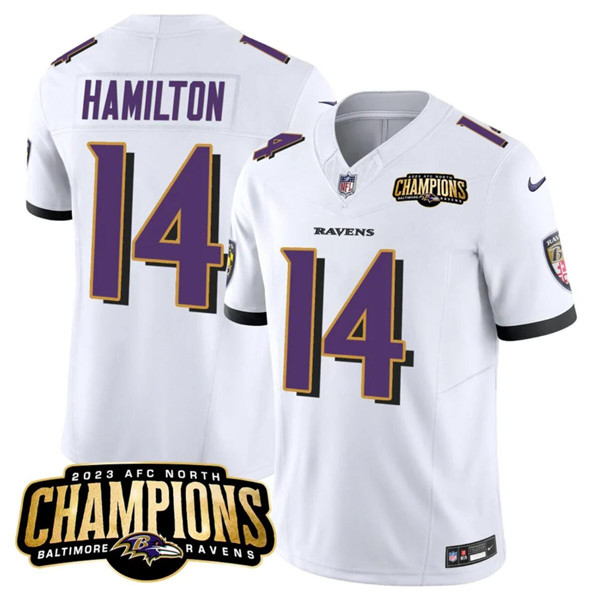 Men's Baltimore Ravens #14 Kyle Hamilton White 2023 F.U.S.E. AFC North Champions Vapor Limited Football Stitched Jersey