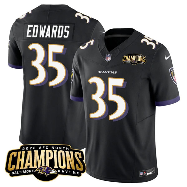 Men's Baltimore Ravens #35 Gus Edwards Black 2023 F.U.S.E. AFC North Champions Vapor Limited Football Stitched Jersey